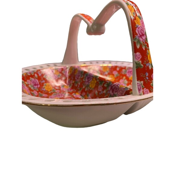 Jay & Sons Ceramic Basket Divided  w/ Handle Red White Floral Gold Rim - Picture 14 of 15